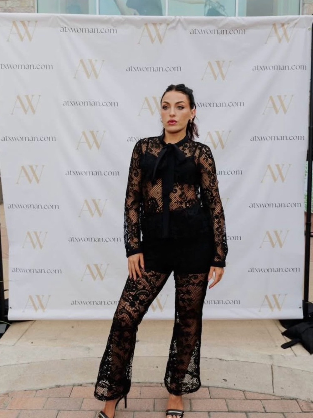 Self-Portrait Black Sheer Lace Wide-Leg Jumpsuit with Bow Neck